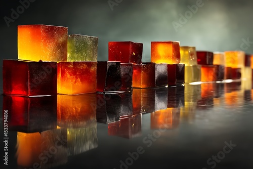 A mesmerizing arrangement of colorful translucent jelly cubes, a delicious and modern food photography composition.