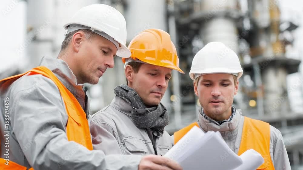 Engineers Review Blueprint at Industrial Plant: Dedicated engineers wearing safety gear intently examine blueprints, overseeing an industrial plant, showcasing precision and teamwork. Engineers Review Blueprint at Industrial Plant: Dedicated engineers wearing safety gear intently examine blueprints, overseeing an industrial plant, showcasing precision and teamwork.