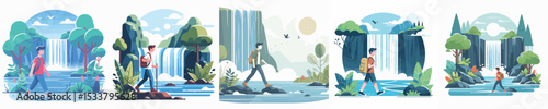 young man character vector going to waterfall