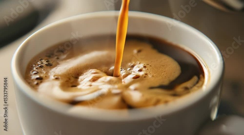 Close up of espresso pouring into a white cup with crema
