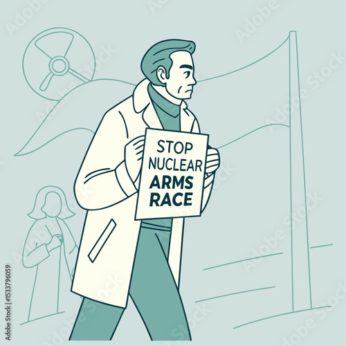 Man holding sign against nuclear arms race at a peaceful protest  