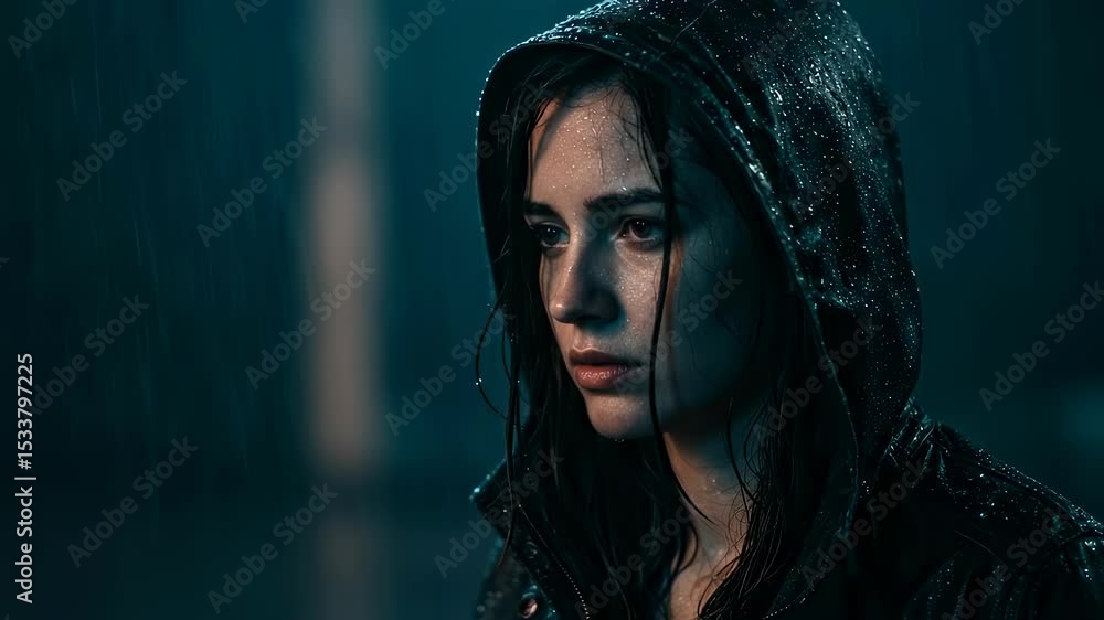 Young woman with hood on head standing alone in the rain at night. Sad distressed female during heavy downpour expressing despair footage. Young woman with hood on head standing alone in the rain at night. Sad distressed female during heavy downpour expressing despair footage.