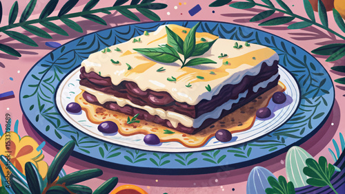 Greek moussaka with eggplant layers, minced meat, and creamy béchamel sauce a rich Mediterranean comfort food served warm