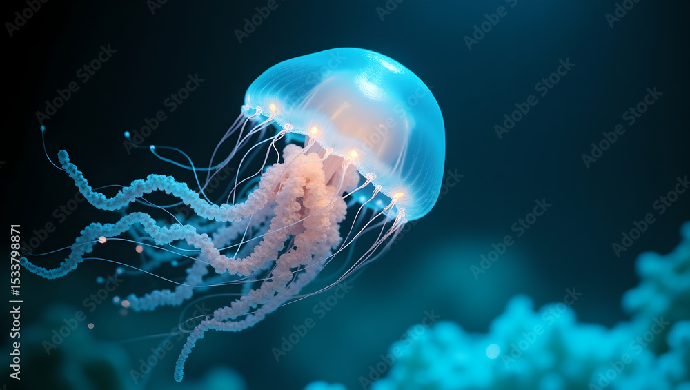 Fototapeta premium Bioluminescent Jellyfish Underwater Closeup