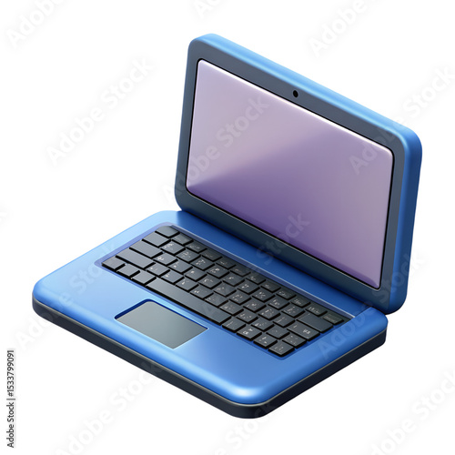 3d rendering of a blue laptop with a black keyboard and purple screen a plastic-style icon on a transparent background