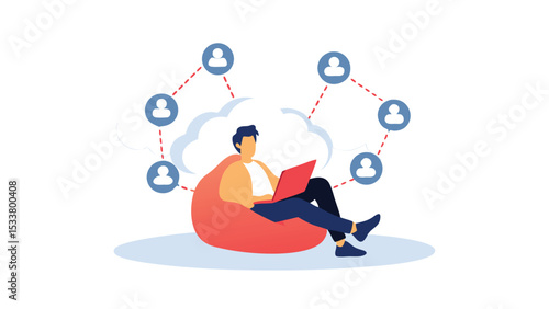 A person sits on a beanbag chair working on a laptop with a cloud and network of people around them