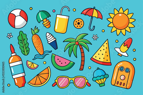 Colorful summer elements cartoon vector illustration featuring vacation and beach themed objects