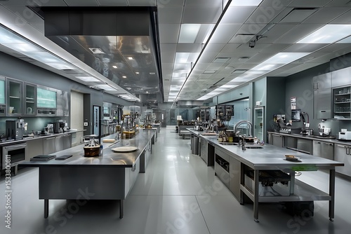 A state-of-the-art, sterile, and futuristic commercial kitchen gleams under bright lights, awaiting culinary innovation.