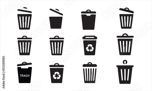 Set of Black and White Trash Can Icons with Open and Closed Lids, a collection of various trash can icons, showcasing different lid positions and the presence or absence of a recycling symbol vector