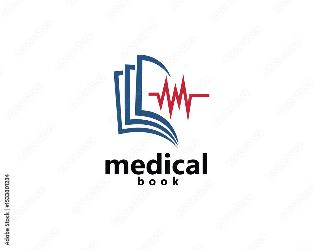 Fototapeta premium medical book, medical education logo, abstract book with red health line, logo design inspiration