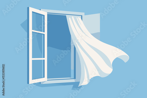 Curtain blowing through open window with blue sky symbolizing mental health freedom