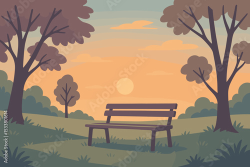 Empty park bench during sunset conveying stillness and mental health mindfulness