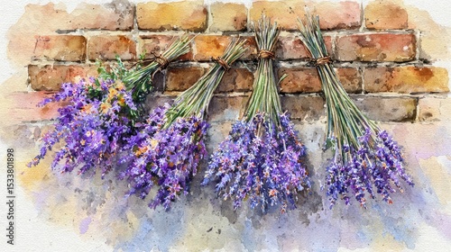 Vibrant purple flowers cascading over rustic brick wall, breathtaking display of nature's beauty