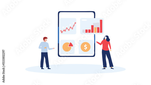 People looking at data charts on a mobile device with line graph and bar graph and pie chart and coin  99