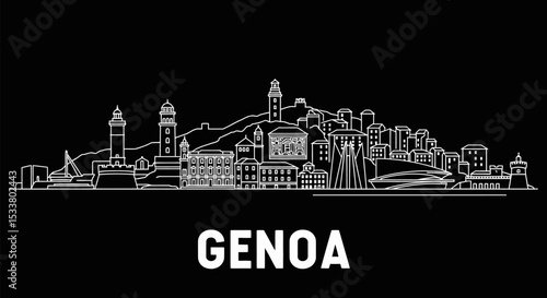 Genoa Skyline Cityscape with Outline, and Black.