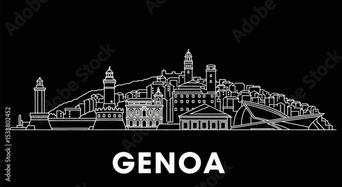 Genoa Skyline with Italy, Black Background, and Minimalist.
