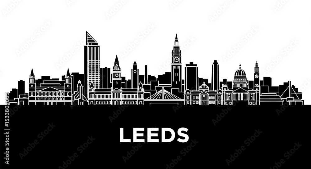 Fototapeta premium Leeds Skyline Silhouette with UK Cityscape, and Black White.