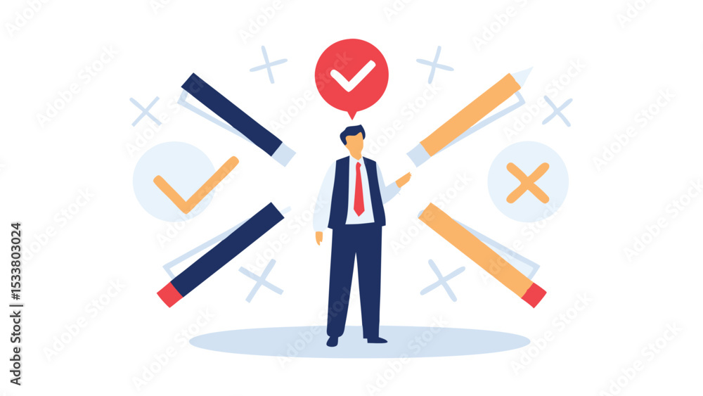 Illustration of a man surrounded by check marks and crosses representing decision making process Illustration of a man surrounded by check marks and crosses representing decision making process