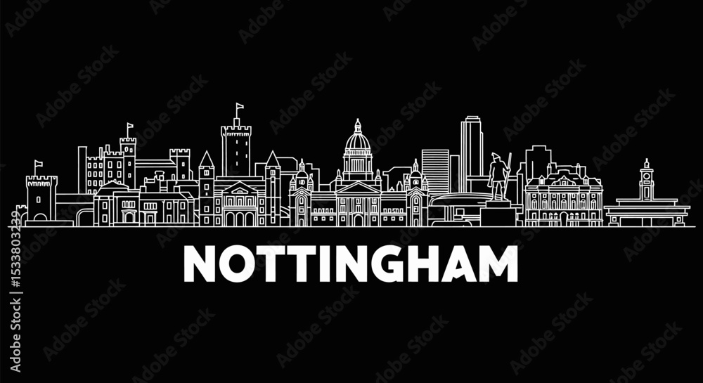 Fototapeta premium Nottingham Skyline Outline with UK, Cityscape, and Minimal.