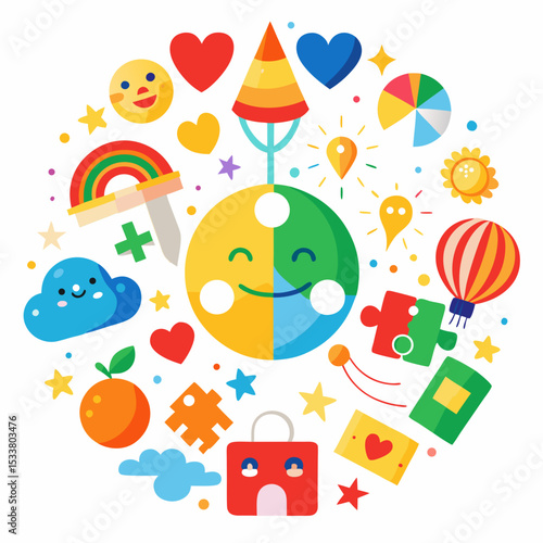 Colorful Universal Children’s Day Vector with Toys and Symbols on White Background