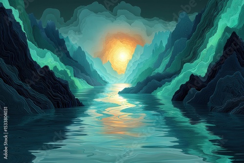 Abstract landscape of vibrant mountain layers and serene water reflecting a radiant sun