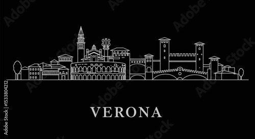 Verona Skyline with Italy, Landmark, and White Line Art.