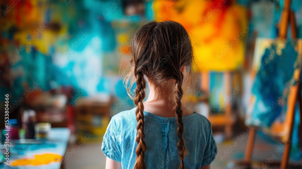 A young girl with brown hair in braids stands in an art studio. A young girl with brown hair in braids stands in an art studio.