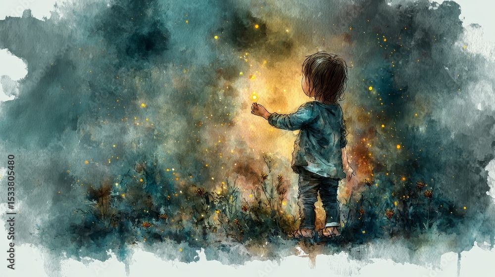 Naklejka premium Curious boy explores nature's wonders, child's gaze towards the sky young