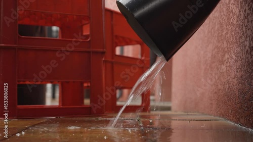 Rainwater flowing from a metal drainpipe during a light rain. Close-up shot capturing water movement and urban infrastructure. Ideal for weather, nature, or mood-setting scenes.