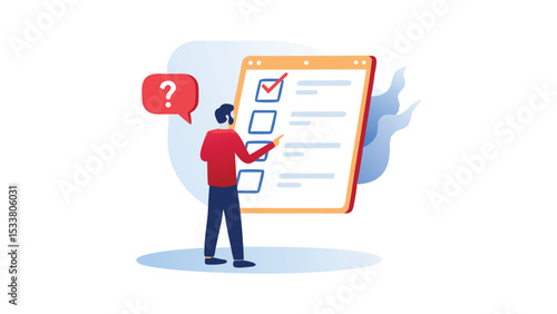 A man in red shirt and blue pants is pointing at a checklist with a question mark nearby on a white backdrop