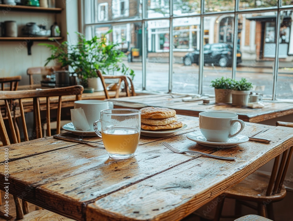 Rustic cafe table with tea, pastries, and a view Rustic cafe table with tea, pastries, and a view