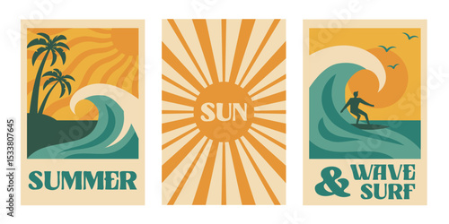 Summer poster in retro naive style. Abstract backgrounds set with palm, sun, beach, sea, ocean, wave, surf. Vector design template for Surf club, summer sale, travel, vacation, spa concept