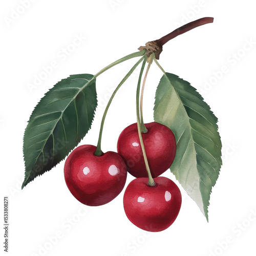 Fresh cherries on a lush green branch. transparent background