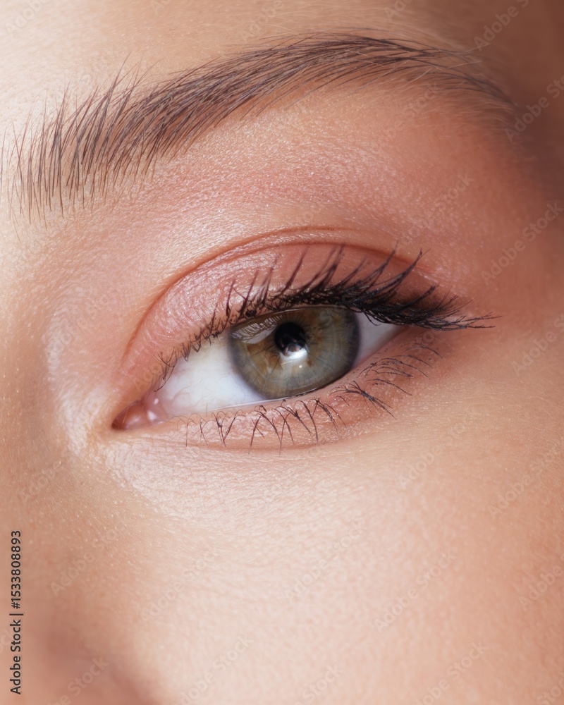 Obraz premium Extreme Closeup Of Female Eye With Soft Peach Eyeshadow And Clear Skin