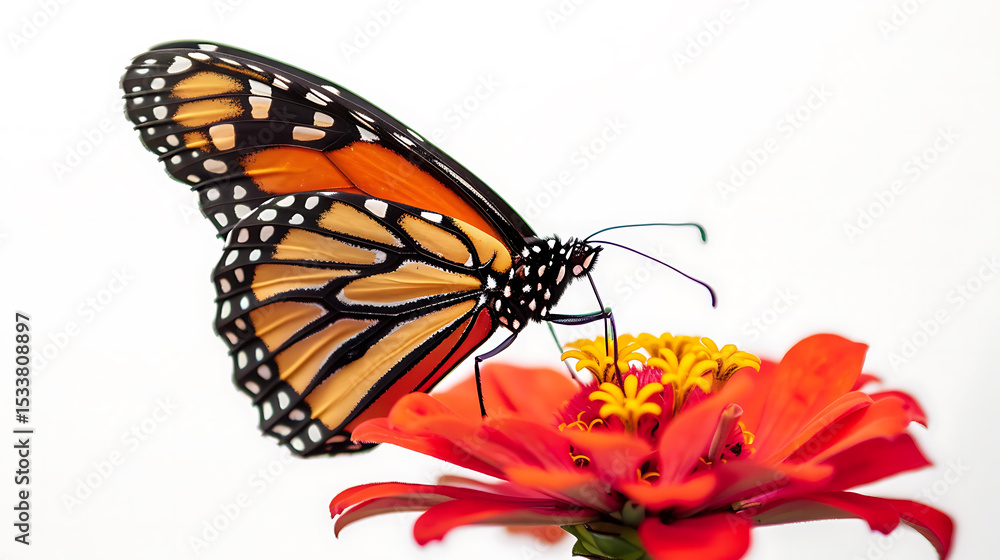 Fototapeta premium Monarch Butterfly on Zinnia – On White