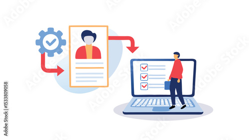 Automated resume screening process with a person and laptop and gear with a check mark icon
