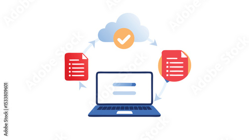 Laptop connected to cloud with document transfer and checkmark for data synchronization process