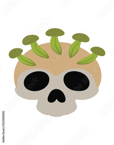 Skull with Mushrooms Growing on Head Illustration