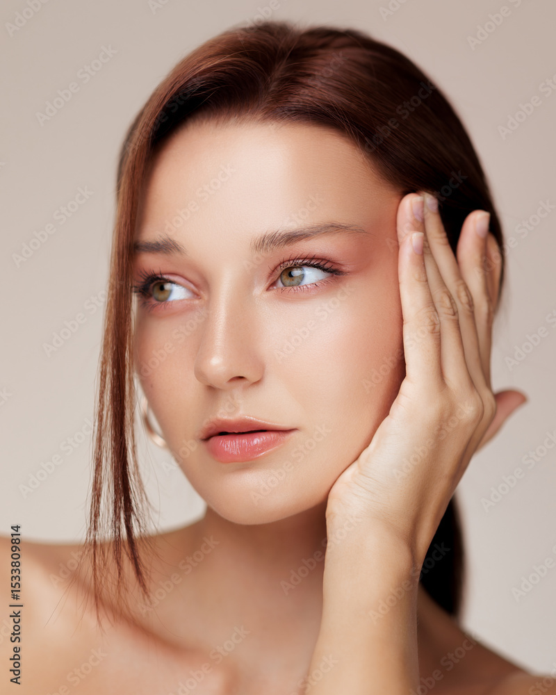 Young Woman Touching Face Gently With Fresh Skin And Lifted Eye Look Concept Young Woman Touching Face Gently With Fresh Skin And Lifted Eye Look Concept