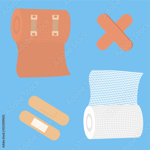 Wound care kit for skin injuries,
includes gauze roll, brown bandage,
and adhesive wound plaster included,
flat design style, first aid.