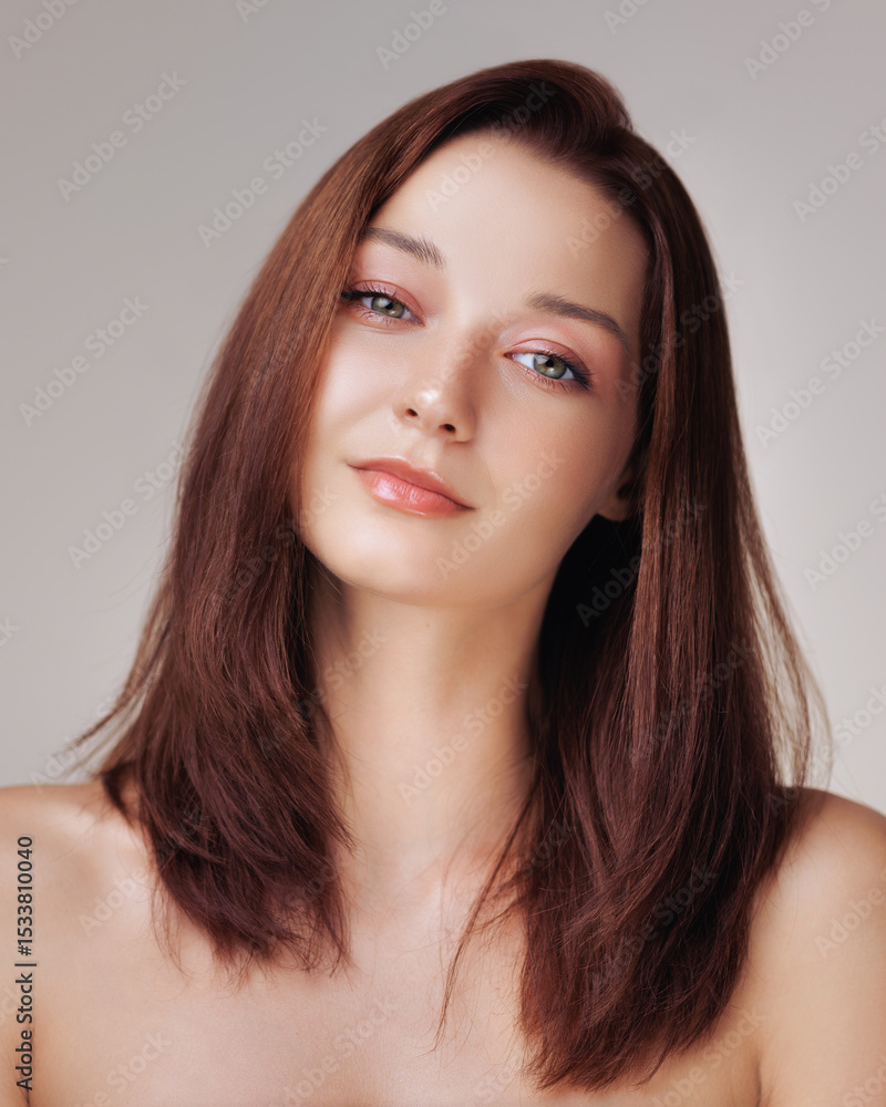 Naklejka premium Young Woman With Silky Straight Hair And Radiant Skin Smiling Calmly