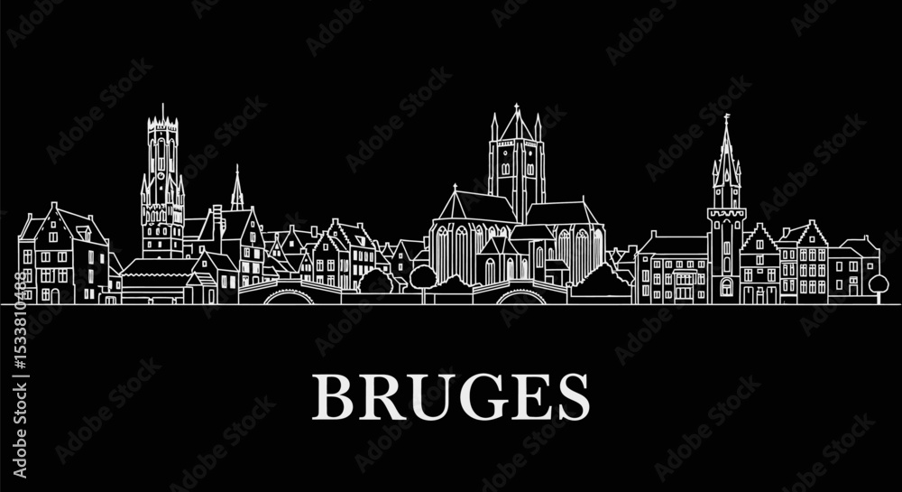 Fototapeta premium Bruges Skyline with Belgium Line Art, and Black Background.