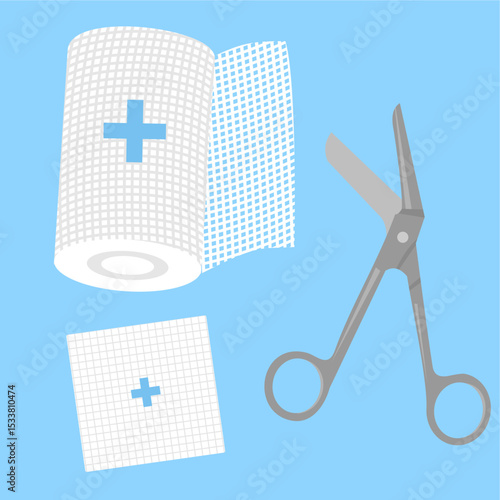 Wound care set includes several tools,
rolled bandage, gauze box, scissors,
used in doctor and emergency care,
flat medical design illustration.
