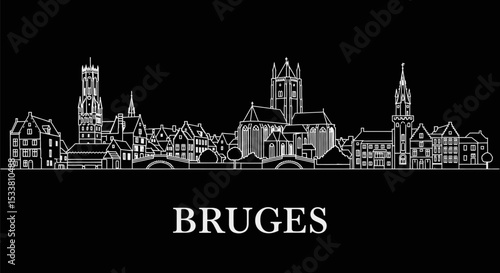 Bruges Skyline with Belgium Line Art, and Black Background.