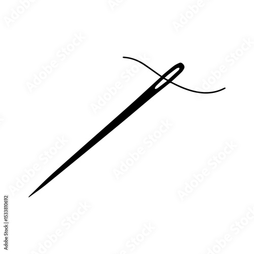 Minimalist Black Silhouette of Sewing Needle on White Background

