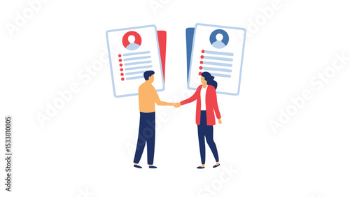 Illustration of a man and woman shaking hands with resumes in the background on a white background
