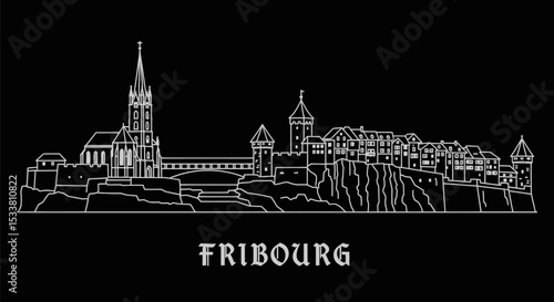 Fribourg Switzerland Skyline Outline White on Black.