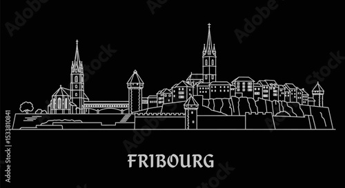 Fribourg with Switzerland Skyline Silhouette.