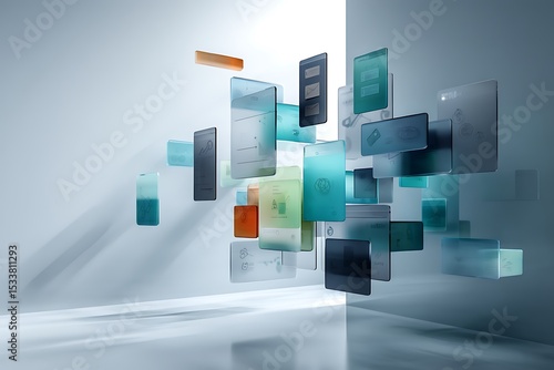 Floating glass screens display data and information in a white space.