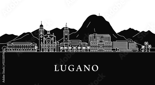 Lugano Skyline Switzerland Cityscape Black White.